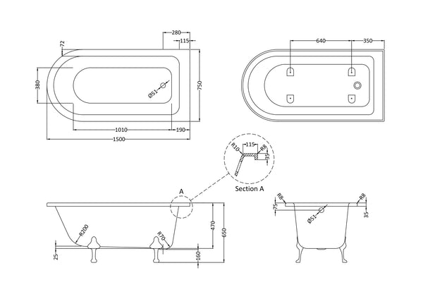 Hudson Reed Freestanding Shower Bath - Deacon Leg Set (1500mm)