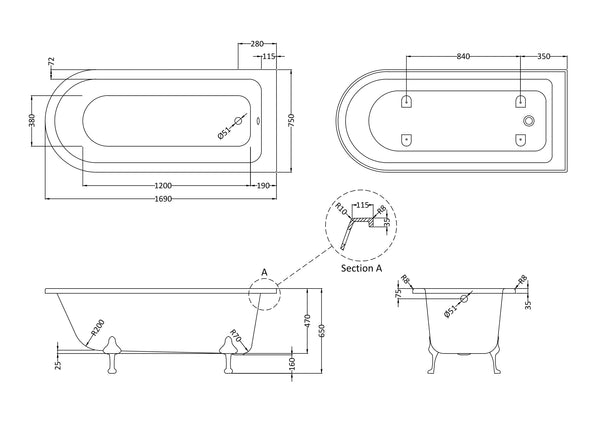 Hudson Reed Freestanding Shower Bath - Pride Leg Set (1700mm)