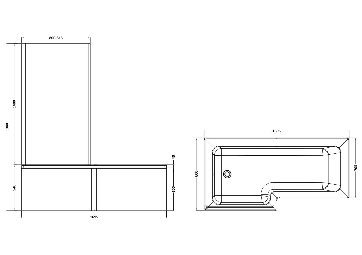 NUIE 1700mm Left Hand Square Shower Bath Set