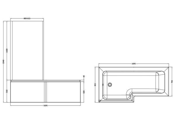 NUIE 1700mm Left Hand Square Shower Bath Set
