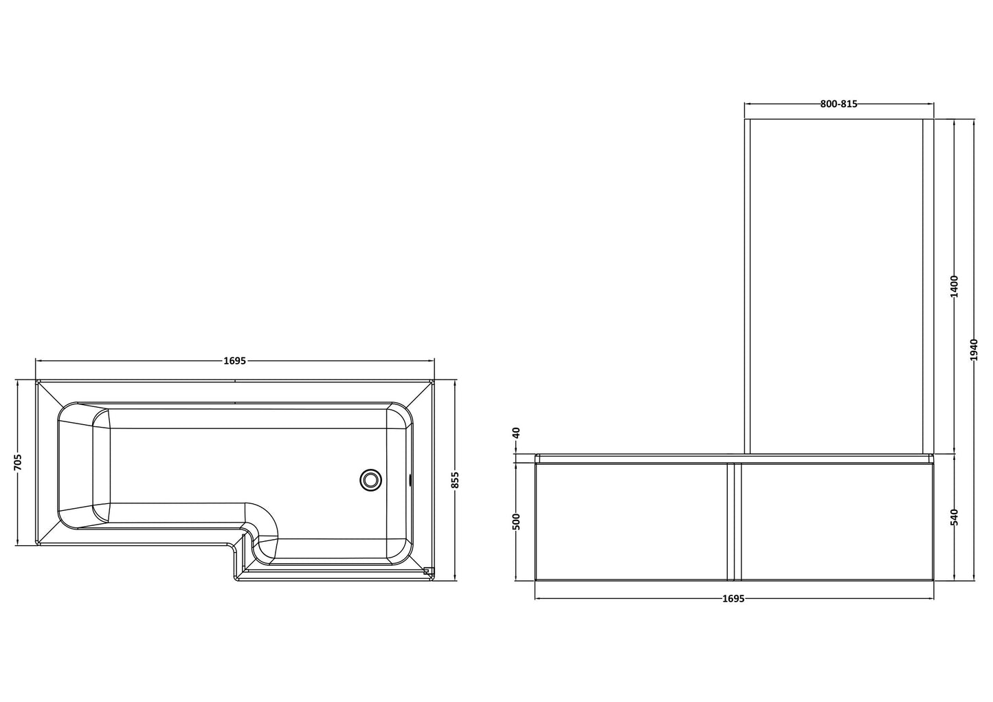 NUIE 1700mm Right Hand Square Shower Bath Set