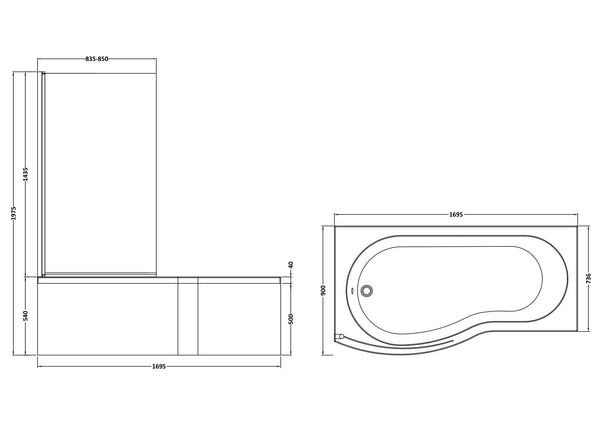 NUIE 1700mm B Shaped Left Hand Bath Set
