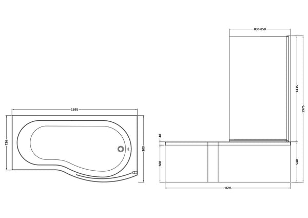 NUIE 1700mm B Shaped Right Hand Bath Set