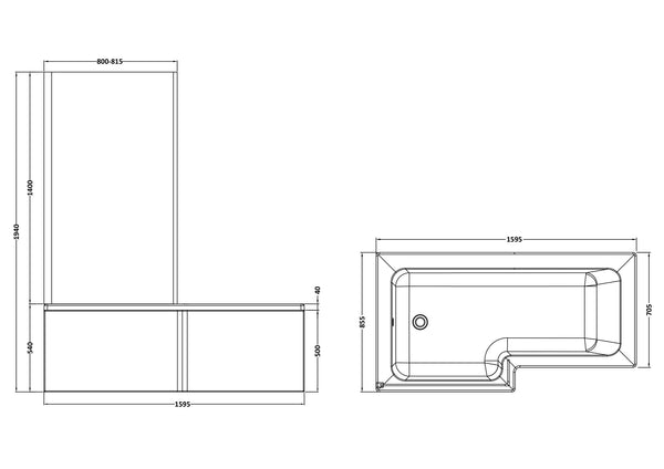 NUIE 1600mm Left Hand Square Shower Bath Set