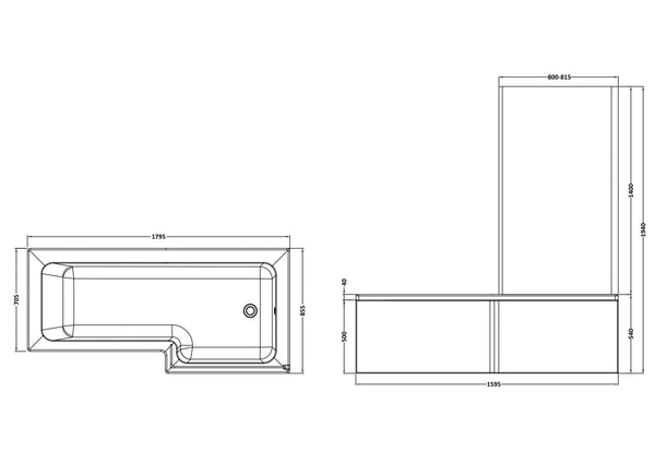 NUIE 1800mm Right Hand Square Shower Bath Set