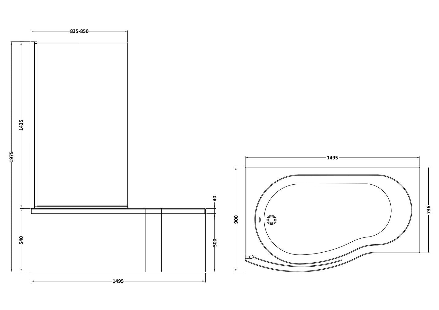 NUIE 1500mm B Shaped Left Hand Bath Set