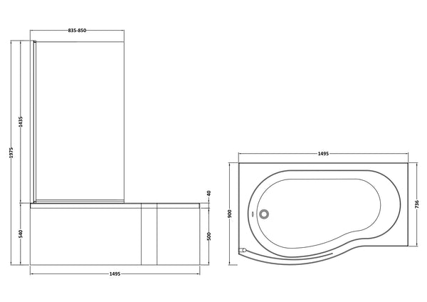 NUIE 1500mm B Shaped Left Hand Bath Set