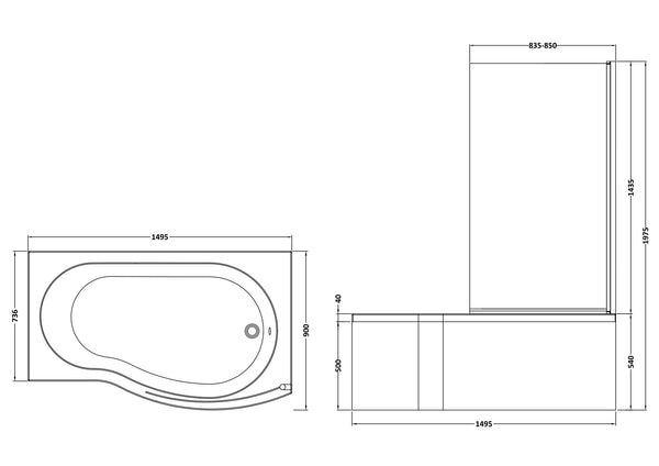 NUIE 1500mm B Shaped Right Hand Bath Set