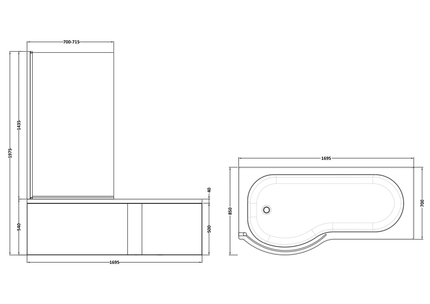 NUIE 1700mm Left Hand P-Shaped Bath Set