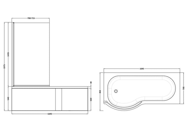 NUIE 1700mm Left Hand P-Shaped Bath Set