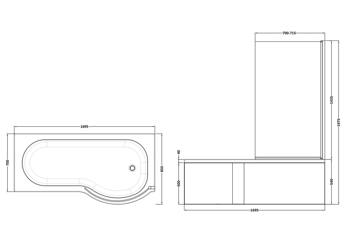 NUIE 1700mm Right Hand P-Shaped Bath Set