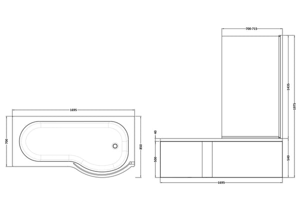 NUIE 1700mm Right Hand P-Shaped Bath Set