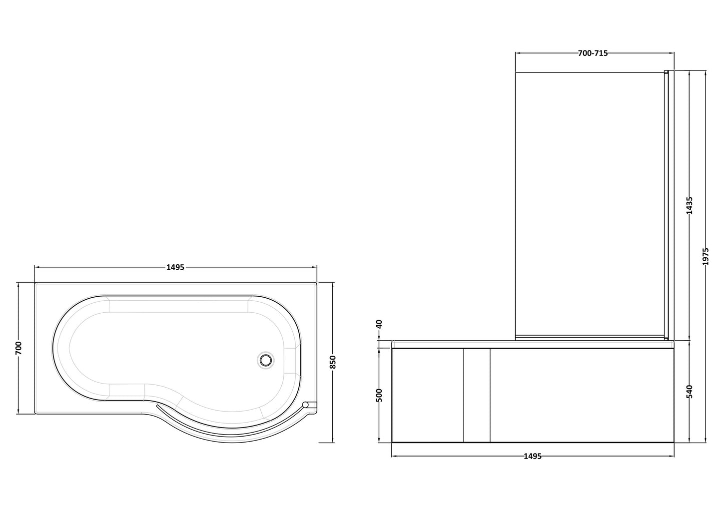 NUIE 1500mm Right Hand P-Shaped Bath Set