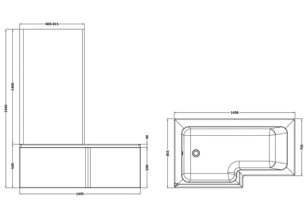 NUIE 1500mm Left Hand Square Shower Bath Set