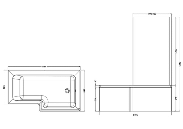 NUIE 1500mm Right Hand Square Shower Bath Set