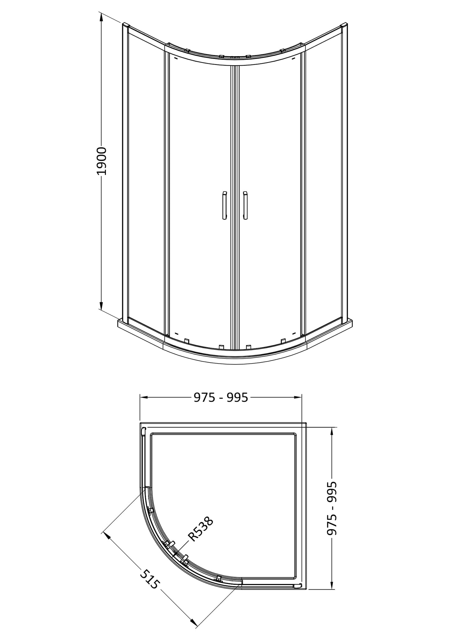 NUIE 1900 x 1000 x 1000mm Quandrant Shower Enclosure