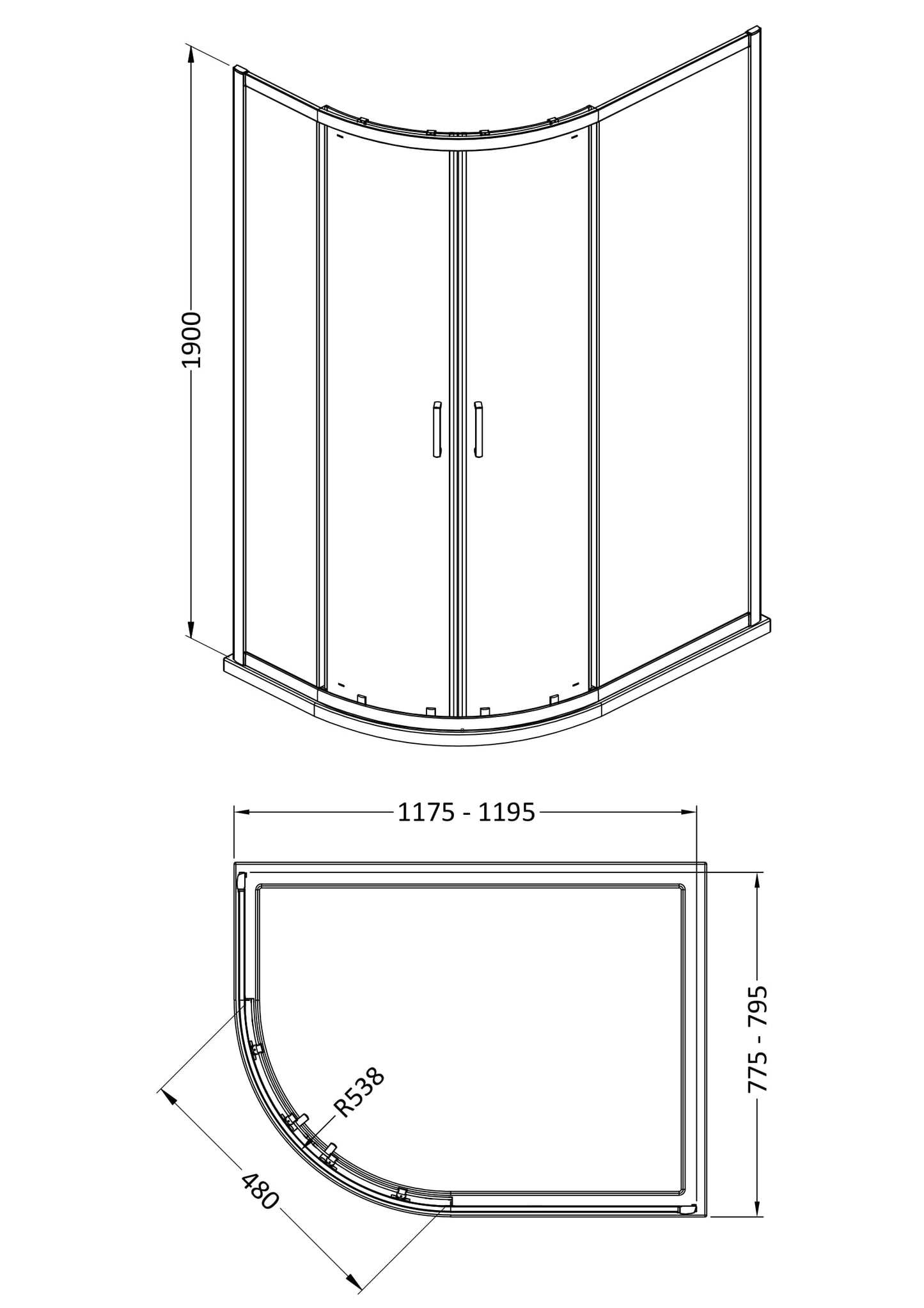 NUIE 1900 x 1200 x 800mm Offset Quandrant Shower Enclosure