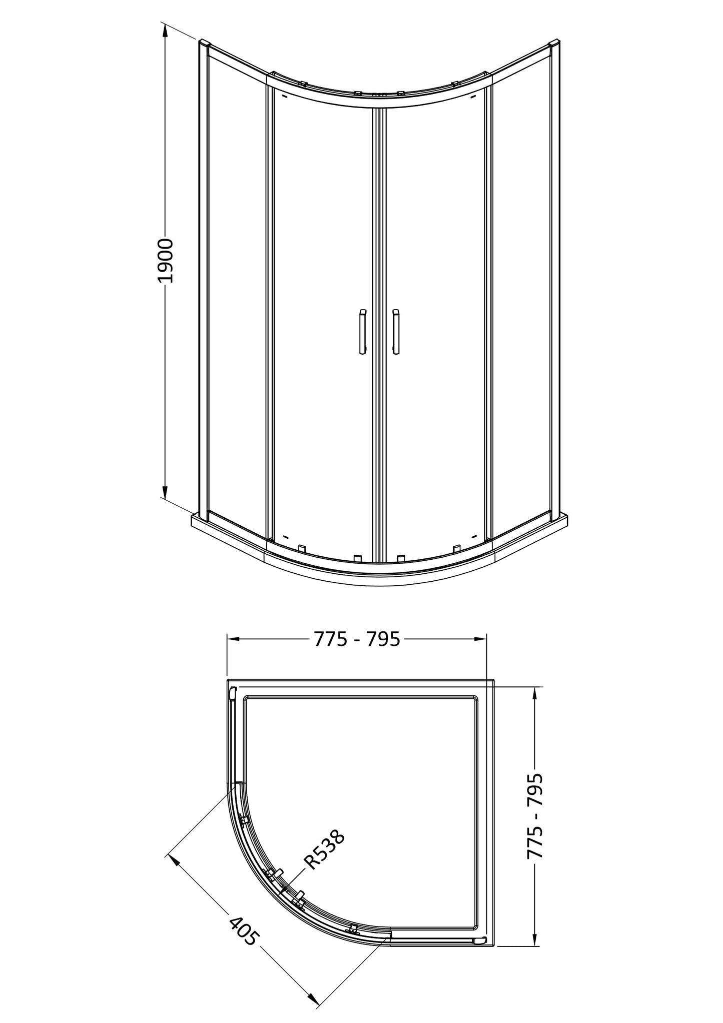 NUIE 1900 x 800 x 800mm Quandrant Shower Enclosure