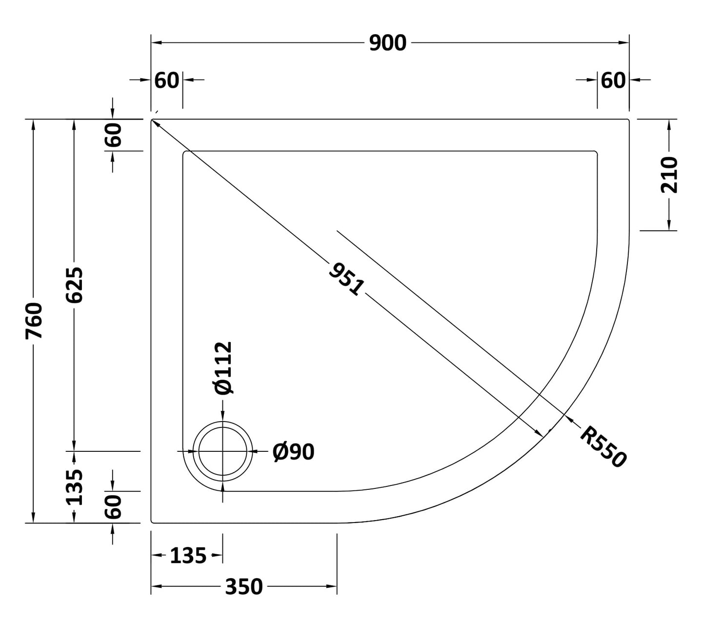 NUIE Offset Quadrant Shower Tray RH 900 x 760mm