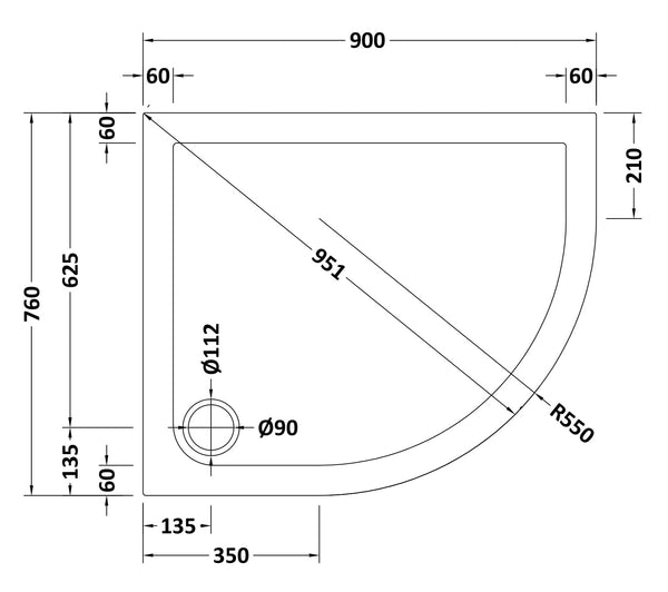 NUIE Offset Quadrant Shower Tray RH 900 x 760mm
