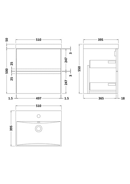 Hudson Reed 500mm Wall Hung 2-Drawer Vanity Unit & Basin 3