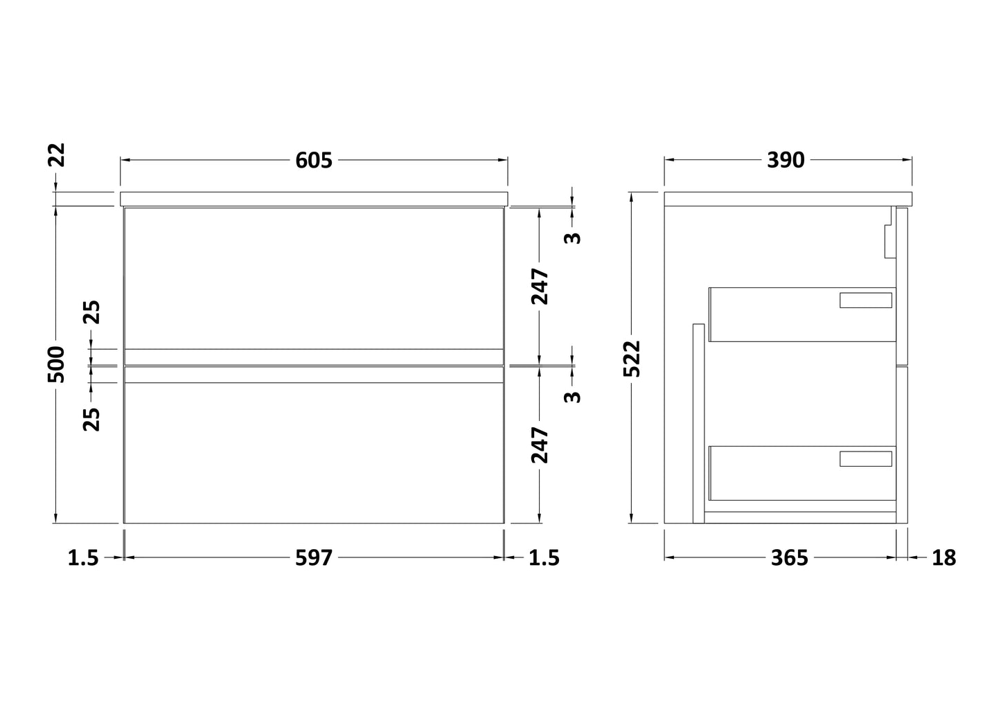 Hudson Reed 600mm Wall Hung 2-Drawer Vanity Unit & Laminate Worktop