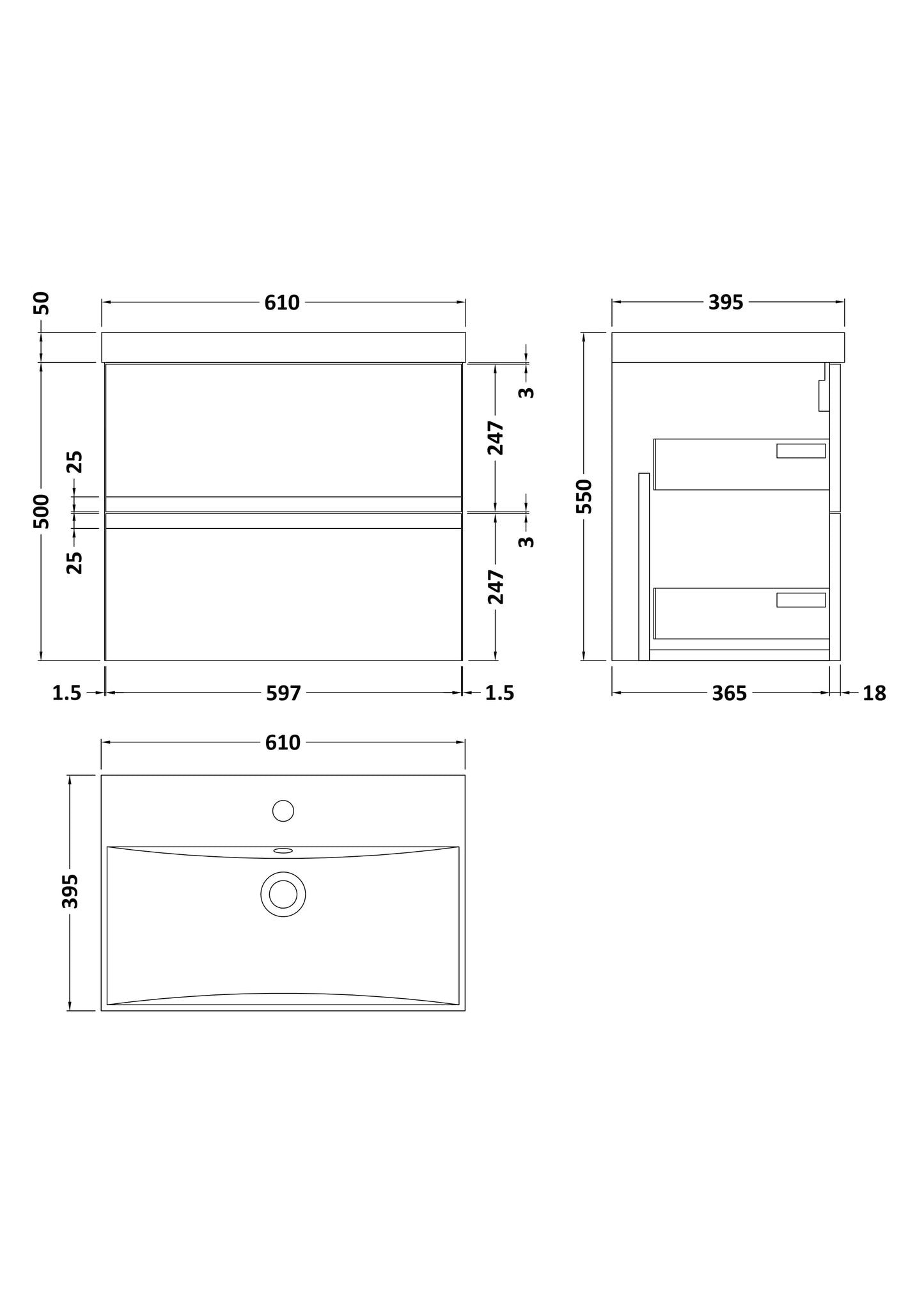 Hudson Reed 600mm Wall Hung 2 Drawer Vanity & Basin 3