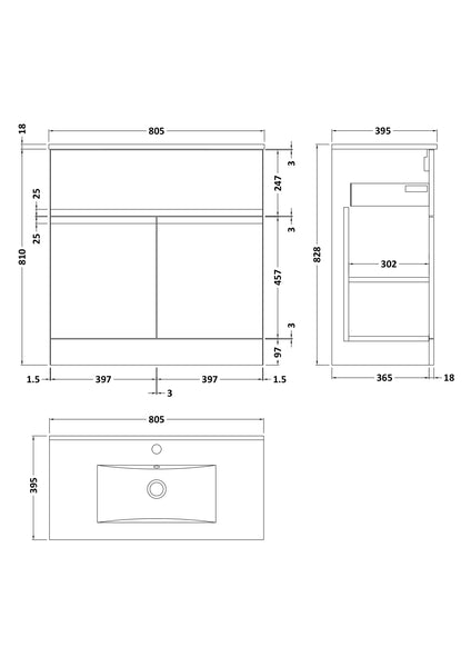 Hudson Reed 800mm Floor Standing 2 Door/Drawer Vanity & Basin 2