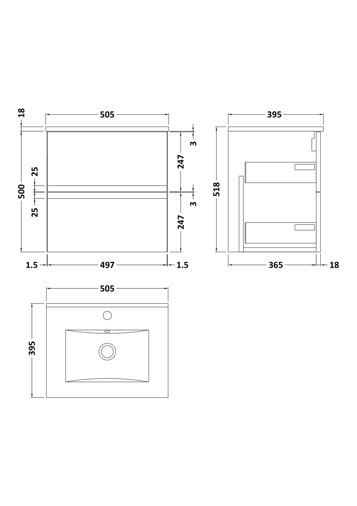 Hudson Reed 500mm Wall Hung 2-Drawer Vanity Unit & Basin 2