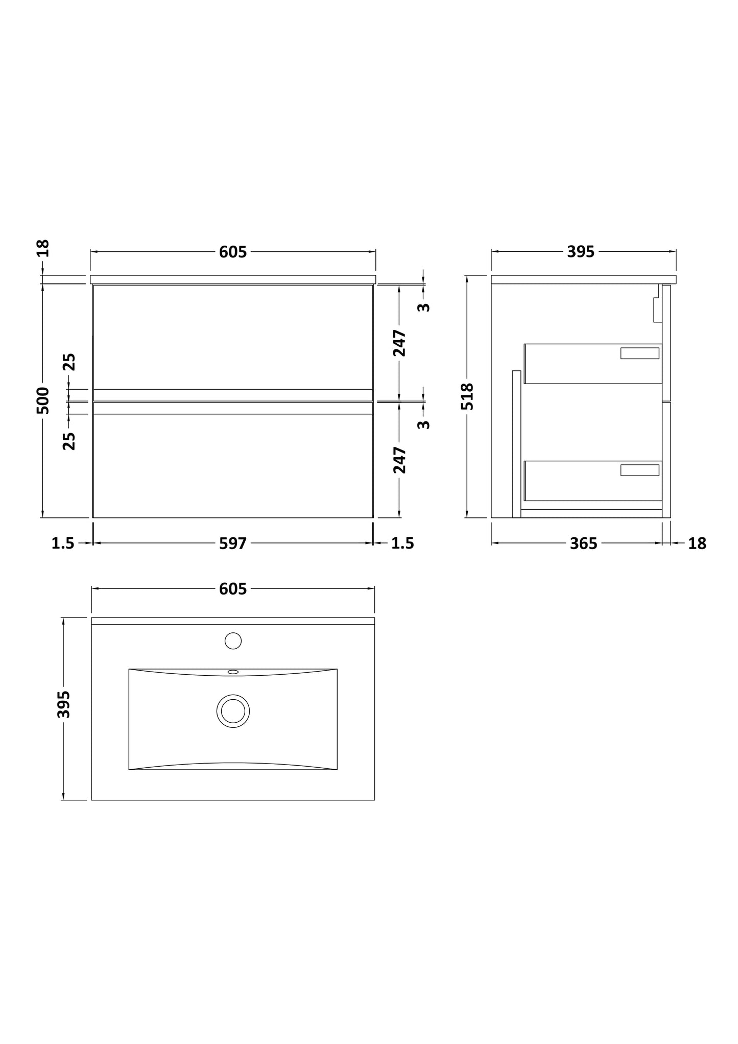 Hudson Reed 600mm Wall Hung 2-Drawer Vanity Unit & Basin 2