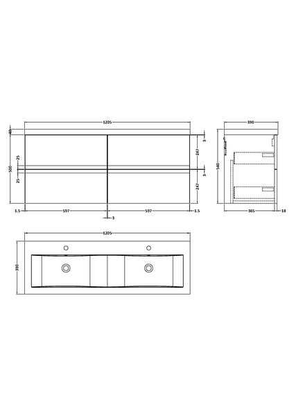 Hudson Reed 1200 Wall Hung 4 Drawer Vanity & Double Basin