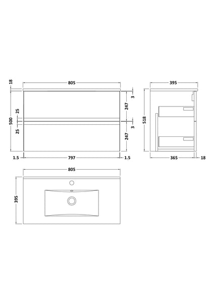 Hudson Reed 800mm Wall Hung 2-Drawer Vanity Unit & Basin 2