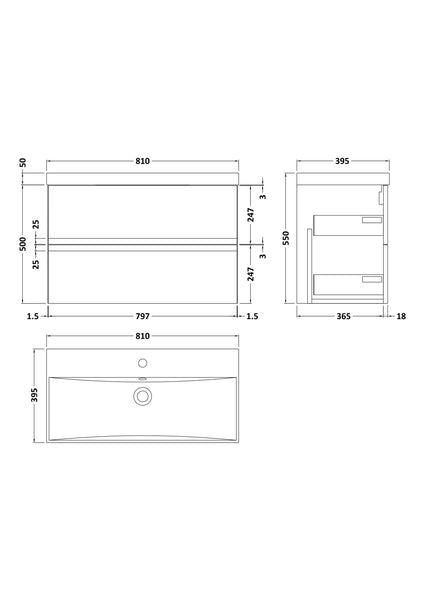 Hudson Reed 800mm Wall Hung 2-Drawer Vanity Unit & Basin 3