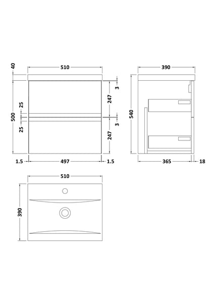 Hudson Reed 500mm Wall Hung 2 Drawer Unit & Basin 1