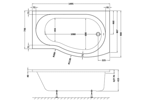 NUIE 1500mm Right Hand B-Shaped Bath