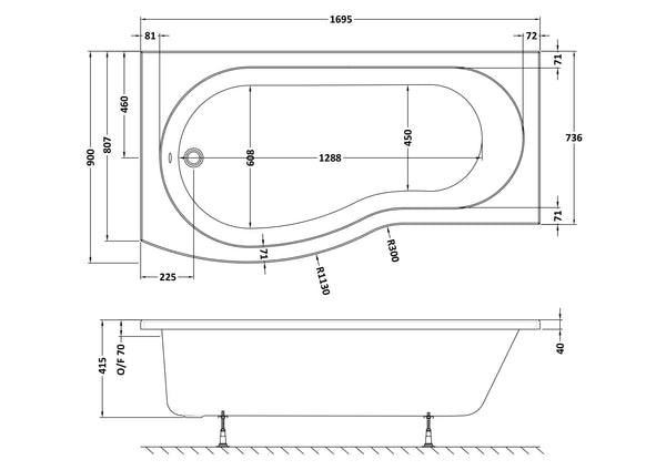 NUIE 1700mm Left Hand B-Shaped Bath