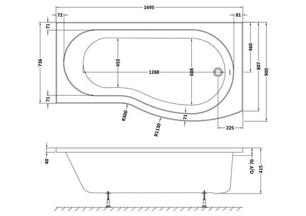NUIE 1700mm Right Hand B-Shaped Bath