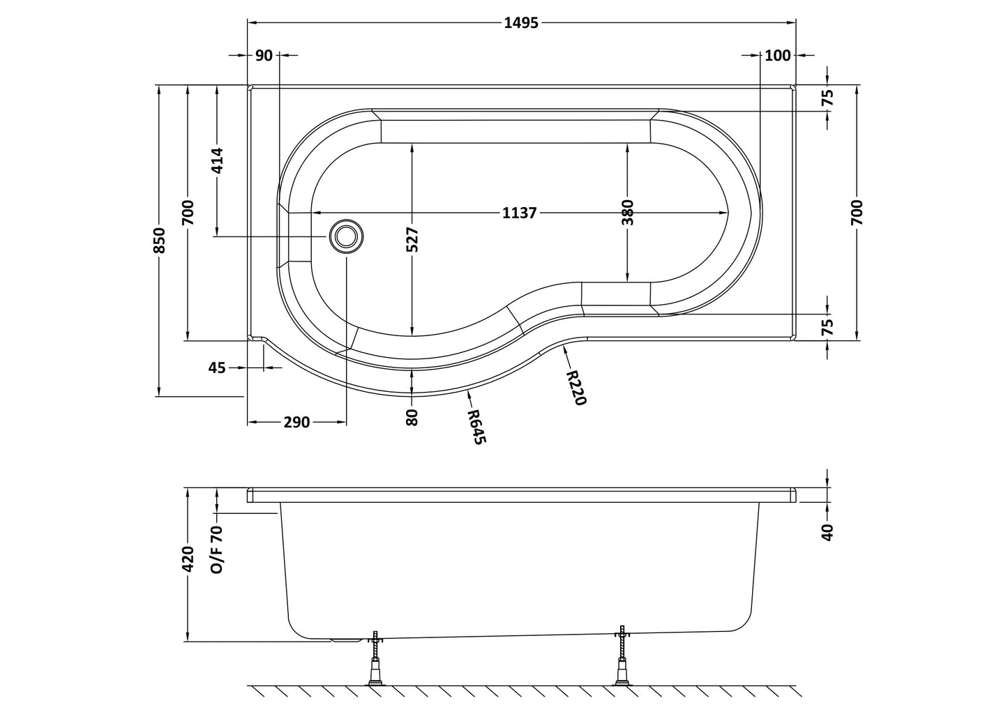 NUIE 1500mm Left Hand P-Shaped Bath