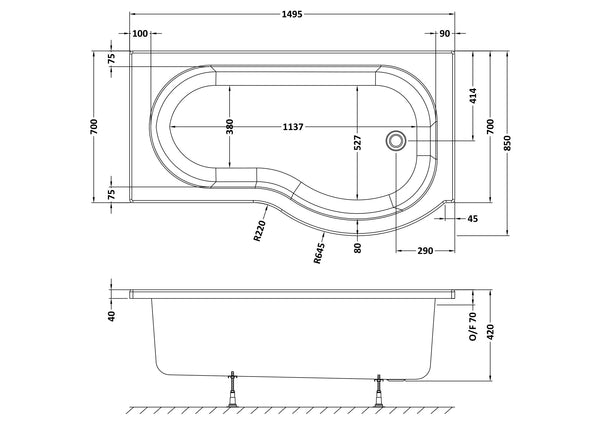NUIE 1500mm Right Hand P-Shaped Bath