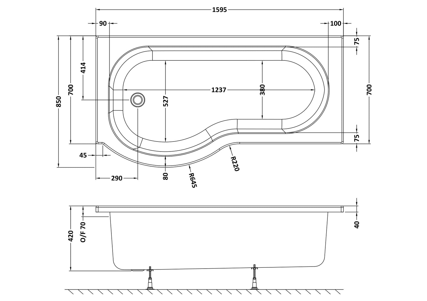 NUIE 1600mm Left Hand P-Shaped Bath