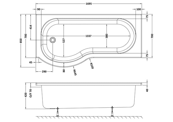NUIE 1700mm Left Hand P-Shaped Bath