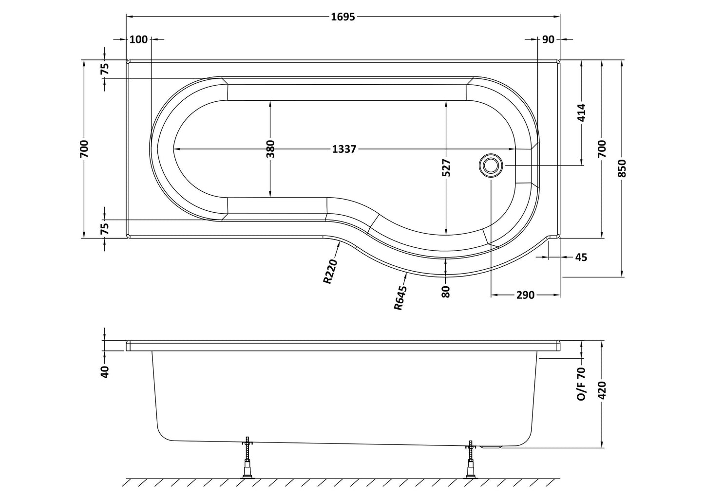 NUIE 1700mm Right Hand P-Shaped Bath