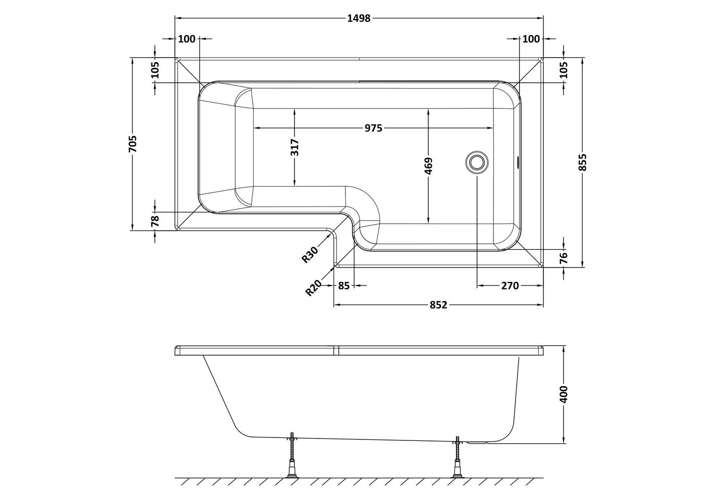 NUIE 1500mm Right Hand Square Shower Bath