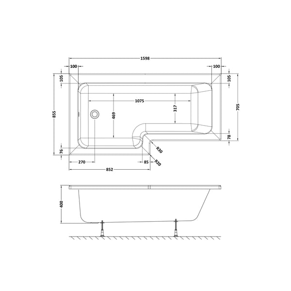 NUIE 1600mm Left Hand Square Shower Bath