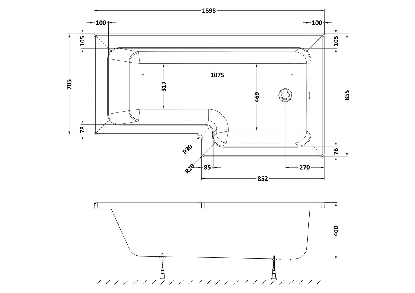 NUIE 1600mm Right Hand Square Shower Bath