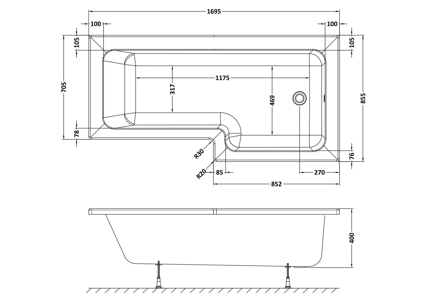 NUIE 1700mm Right Hand Square Shower Bath