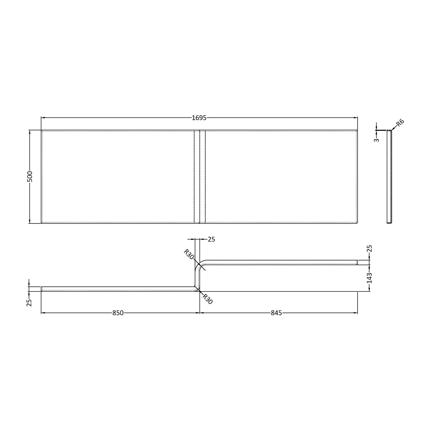 NUIE 1700 sq showerbath front panel cw fixing