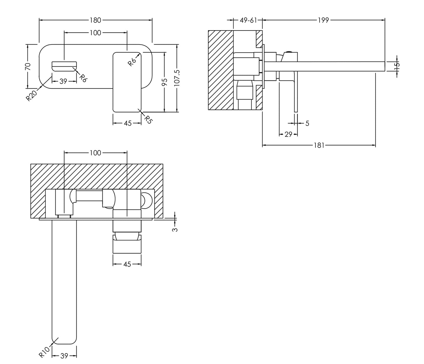 NUIE Wall Mounted 2 Tap Hole Basin Mixer With Plate