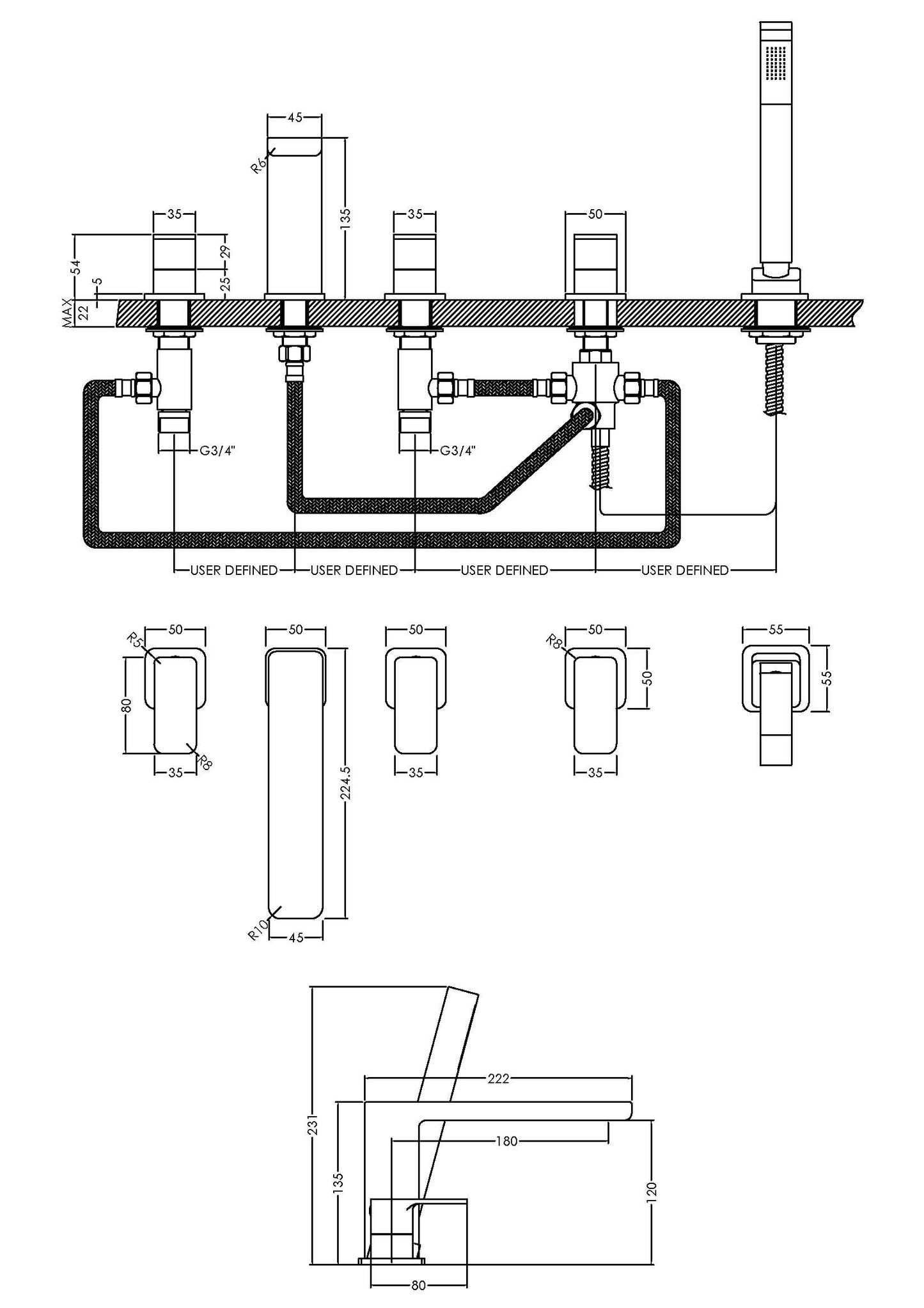 NUIE Deck Mounted 5 Tap Hole Bath Shower Mixer