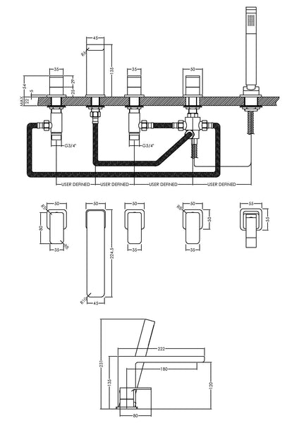 NUIE Deck Mounted 5 Tap Hole Bath Shower Mixer